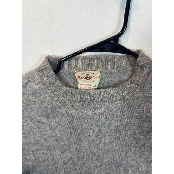 Alan Paine Shetland All Wool Cable Knit Sweater Grey Size 40 Mock Neck - Picture 3 of 9